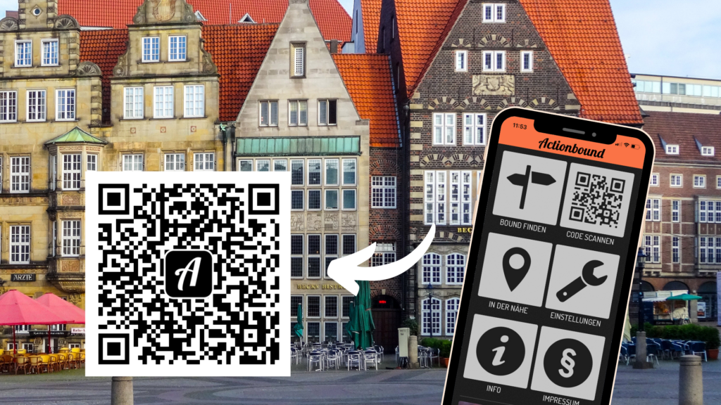 Im Hintergrund ist ein Foto von der Bremer Altstadt, im Vordergrund sieht man ein Smartphone, auf dem die Rallye geöffnet ist.