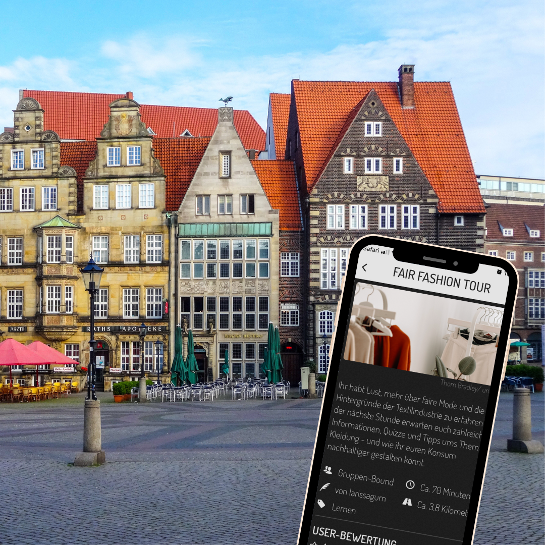 Ein Foto aus der Bremer Innenstadt, im Vordergrund sieht man ein Smartphone, auf dem die Rallye geöffnet ist.
